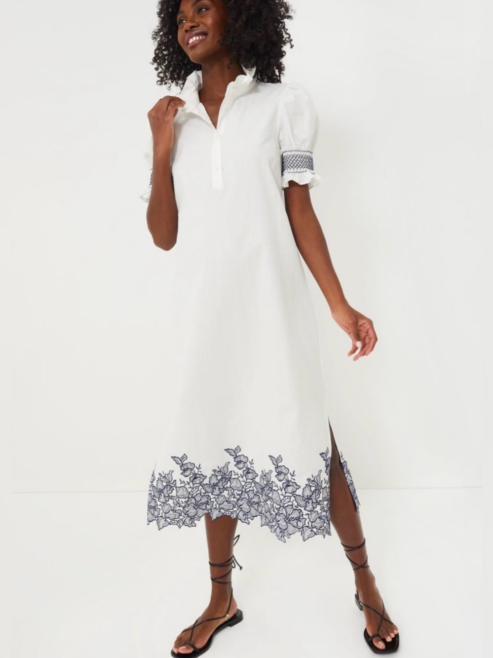Tuckernuck White Midi Dress with Navy Floral Hem